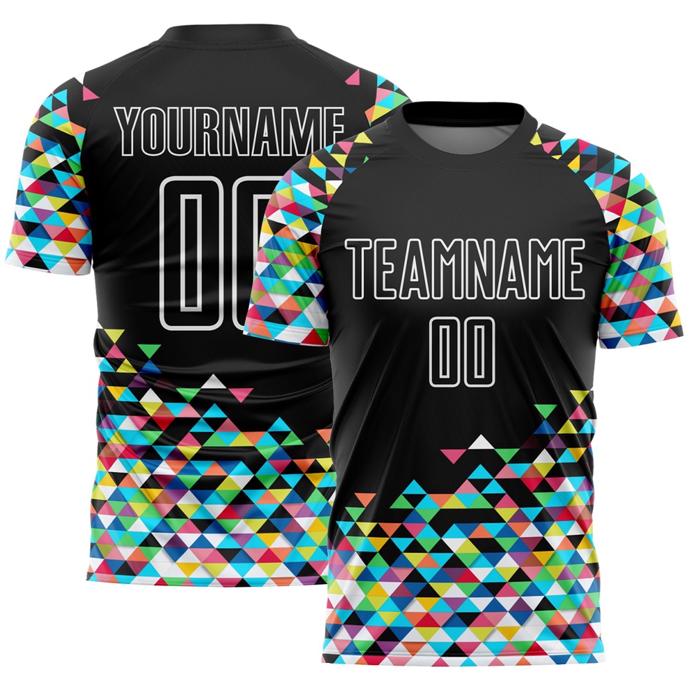 Black White Colorful Geometric Triangle Sublimation Soccer Uniform Jersey, Custom Team Soccer Jersey Shirt