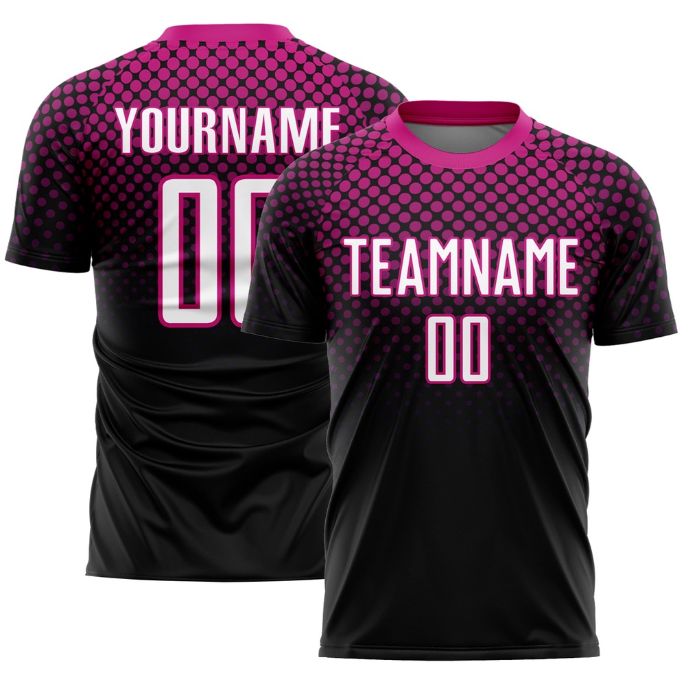 Black White Deep Pink Halftone Dots Sublimation Soccer Uniform Jersey, Custom Team Soccer Jersey Shirt Black White Deep Pink Halftone Dots Sublimation Soccer Uniform Jersey, Custom Team Soccer Jersey Shirt