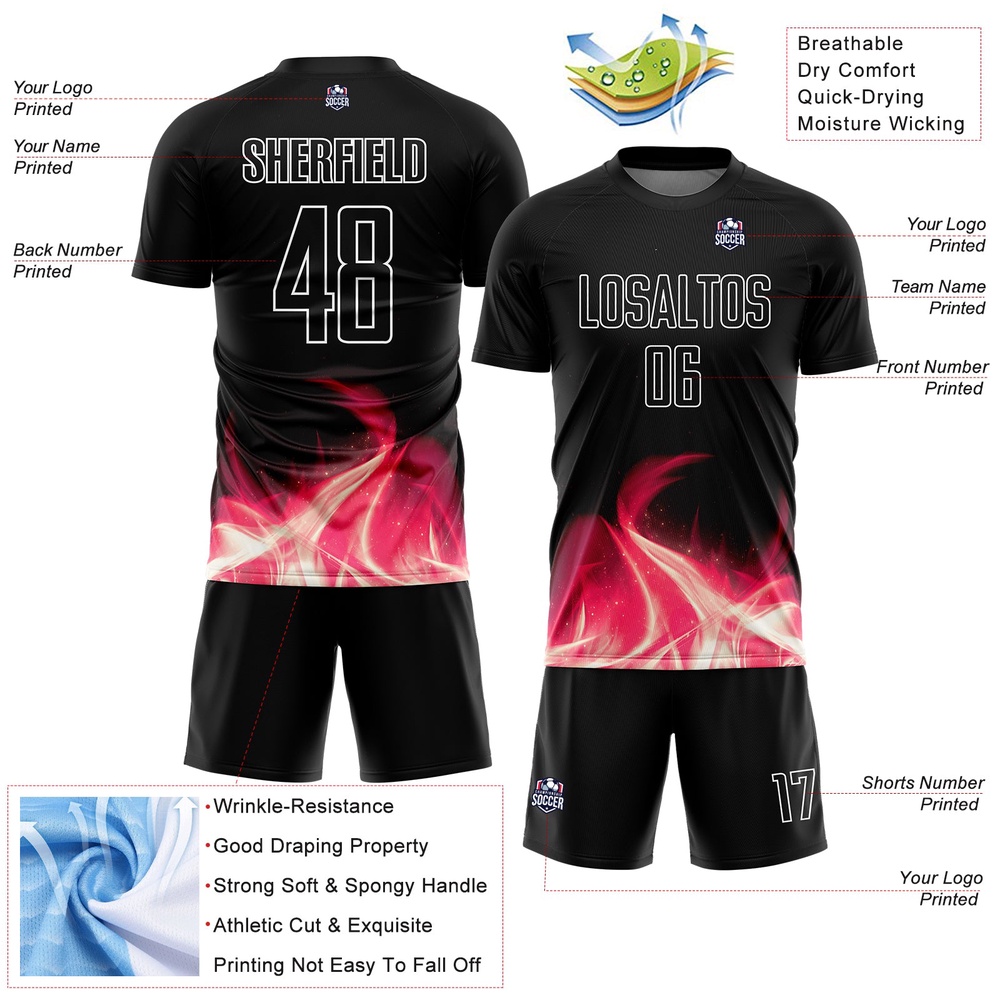 Black White Flame Sublimation Soccer Uniform Jersey, Custom Team Soccer Jersey Shirt Black White Flame Sublimation Soccer Uniform Jersey, Custom Team Soccer Jersey Shirt