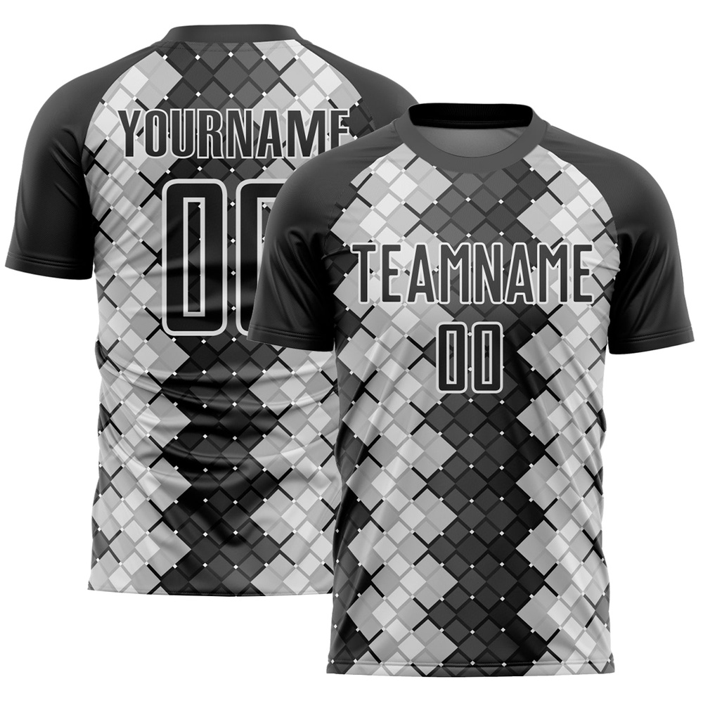 Black White Geometric Shapes Sublimation Soccer Uniform Jersey, Custom Team Soccer Jersey Shirt