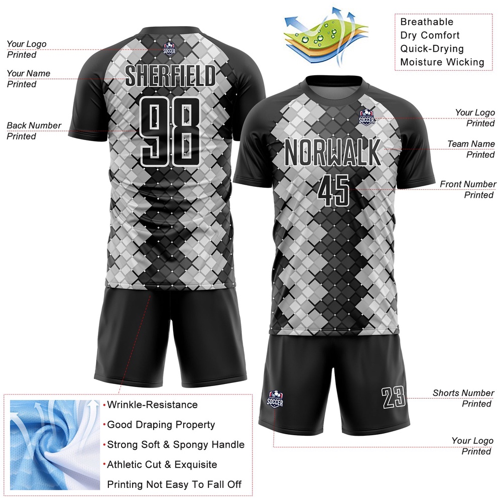Black White Geometric Shapes Sublimation Soccer Uniform Jersey, Custom Team Soccer Jersey Shirt