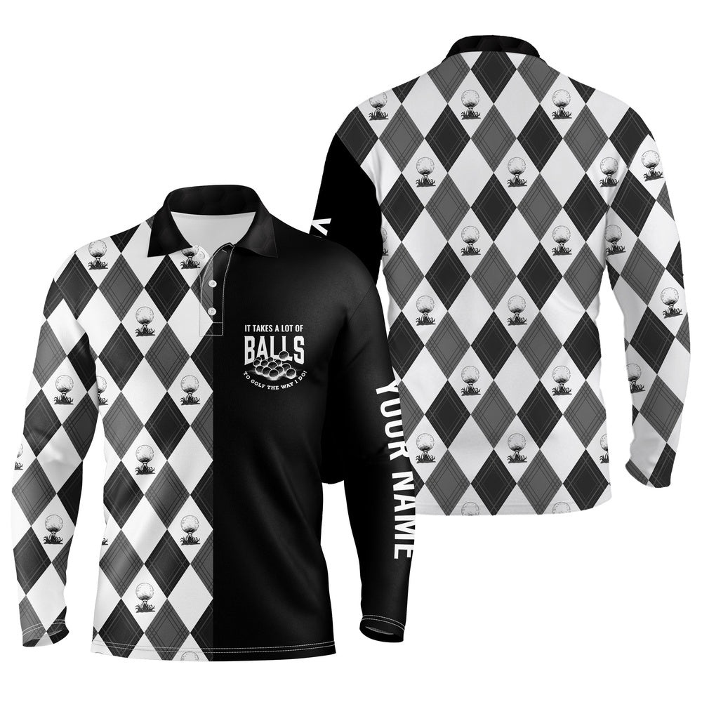 Black White Golf Pattern Men’s Golf Polos Shirts Custom It Takes A Lot Of Balls To Golf The Way I Do, Golf Polo Shirt, Golf Shirts