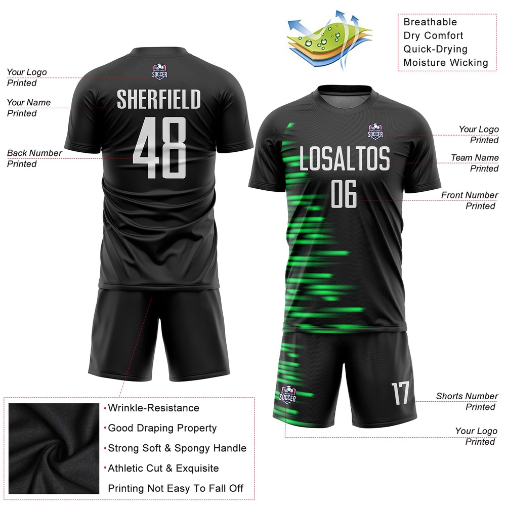 Black White Kelly Green Sublimation Soccer Uniform Jersey, Custom Team Soccer Jersey Shirt