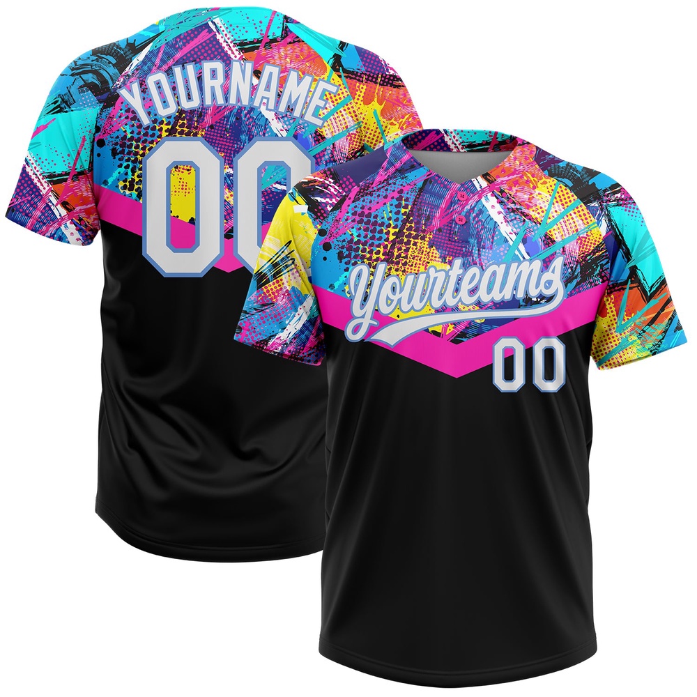 Black White Light Blue 3D Pattern Two Button Unisex Softball Jersey, Custom Team Softball Jersey