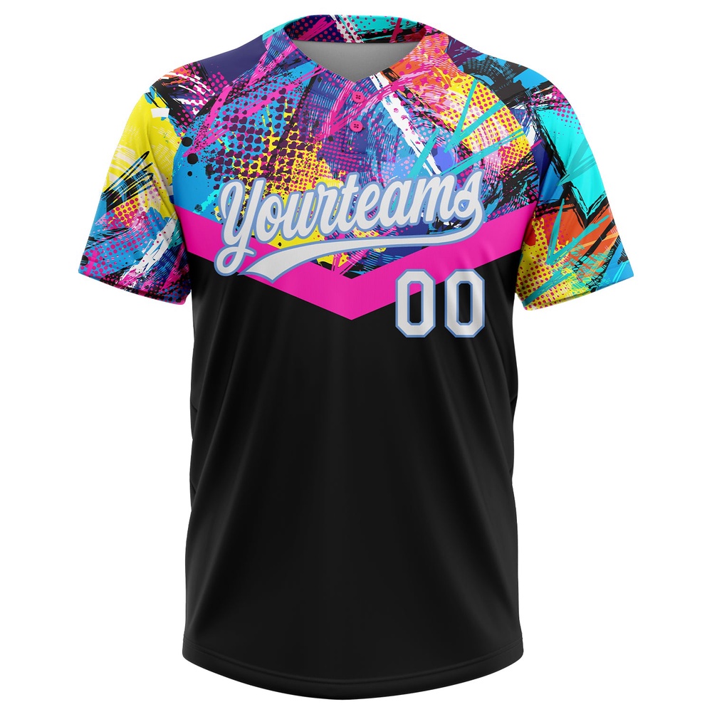 Black White Light Blue 3D Pattern Two Button Unisex Softball Jersey, Custom Team Softball Jersey