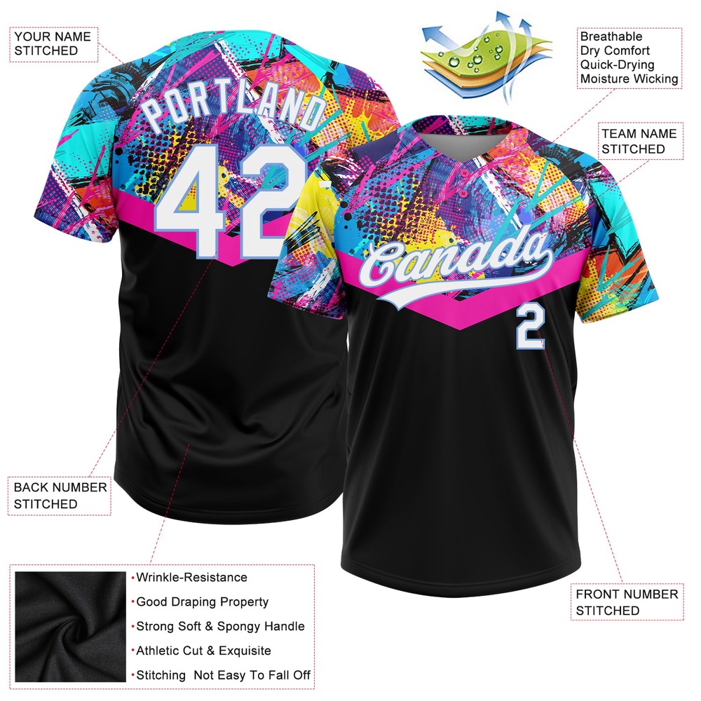 Black White Light Blue 3D Pattern Two Button Unisex Softball Jersey, Custom Team Softball Jersey