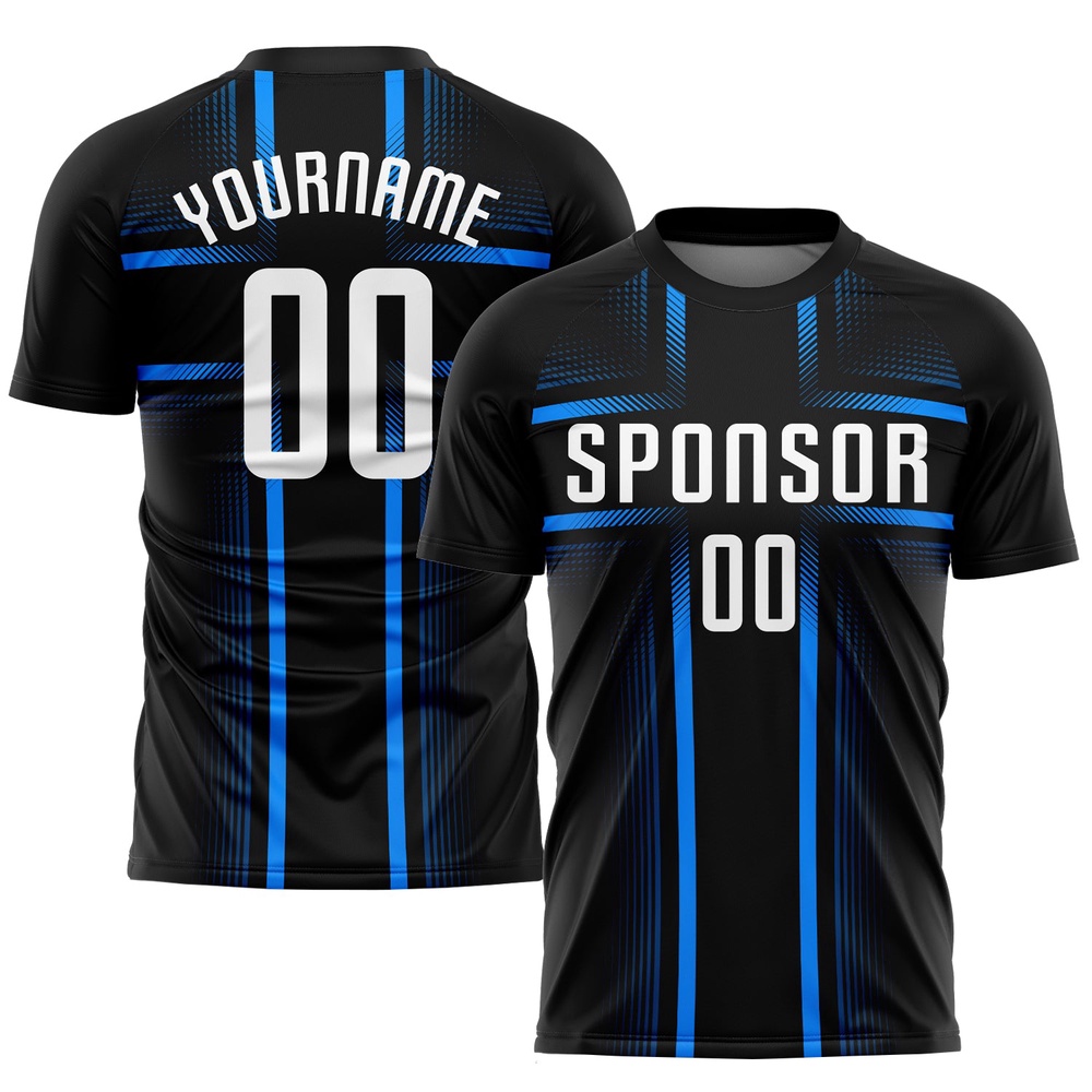 Black White Light Blue Sublimation Soccer Uniform Jersey, Custom Team Soccer Jersey Shirt Black White Light Blue Sublimation Soccer Uniform Jersey, Custom Team Soccer Jersey Shirt