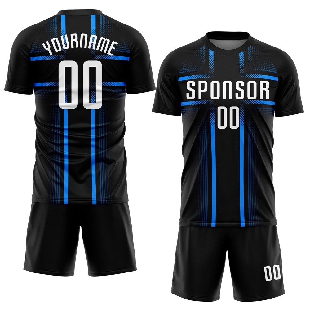 Black White Light Blue Sublimation Soccer Uniform Jersey, Custom Team Soccer Jersey Shirt Black White Light Blue Sublimation Soccer Uniform Jersey, Custom Team Soccer Jersey Shirt