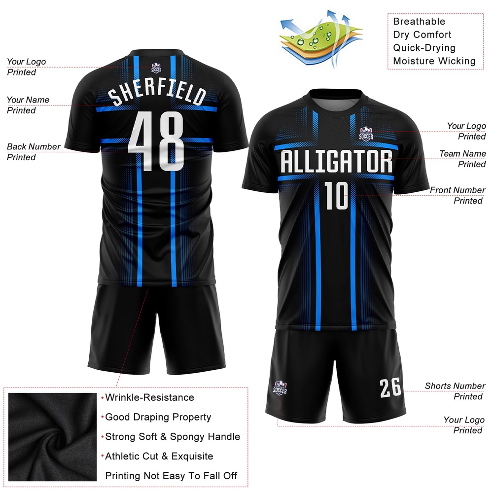 Black White Light Blue Sublimation Soccer Uniform Jersey, Custom Team Soccer Jersey Shirt Black White Light Blue Sublimation Soccer Uniform Jersey, Custom Team Soccer Jersey Shirt