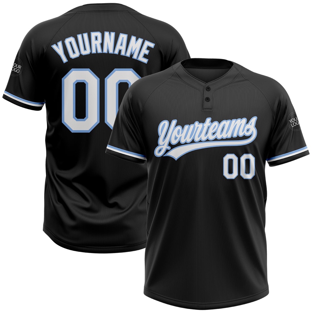 Black White Light Blue Two Button Unisex Softball Jersey, Custom Team Softball Jersey Black White Light Blue Two Button Unisex Softball Jersey, Custom Team Softball Jersey