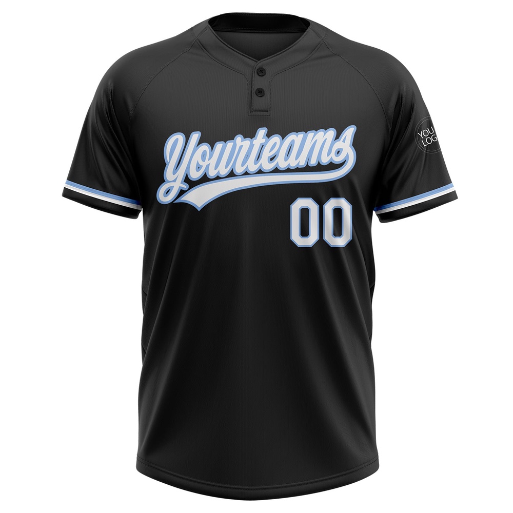 Black White Light Blue Two Button Unisex Softball Jersey, Custom Team Softball Jersey Black White Light Blue Two Button Unisex Softball Jersey, Custom Team Softball Jersey