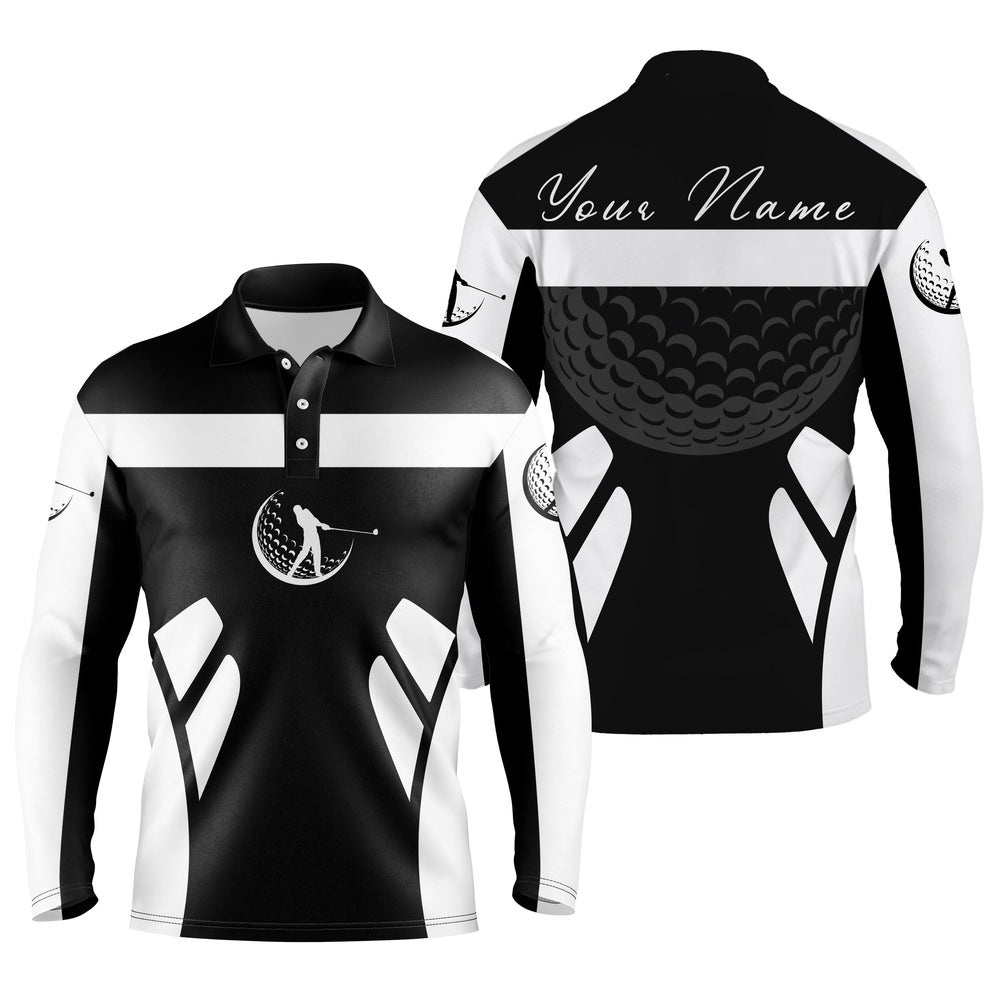 Black & White Long Sleeve Golf Shirts For Men, Best Fathers Day Golf Gifts For Dad, Golf Polo Shirt, Golf Shirts