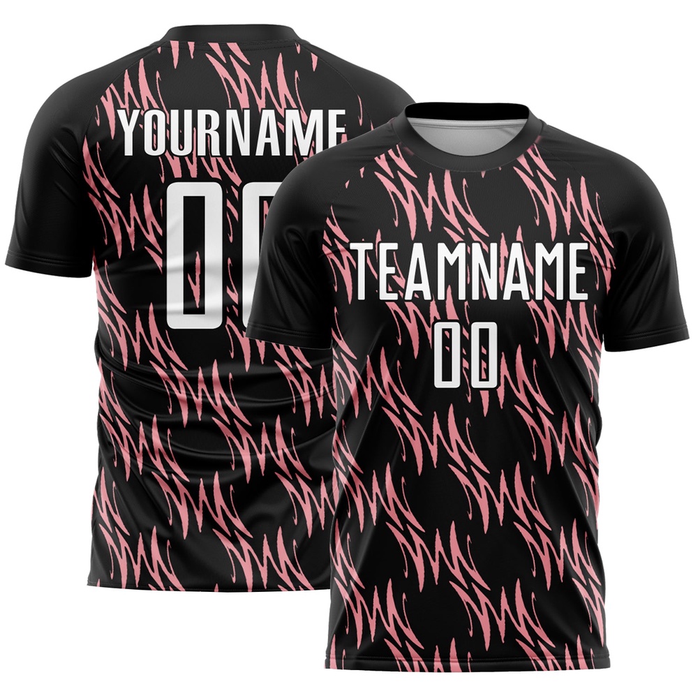 Black White Medium Pink Abstract Wave Sublimation Soccer Uniform Jersey, Custom Team Soccer Jersey Shirt Black White Medium Pink Abstract Wave Sublimation Soccer Uniform Jersey, Custom Team Soccer Jersey Shirt