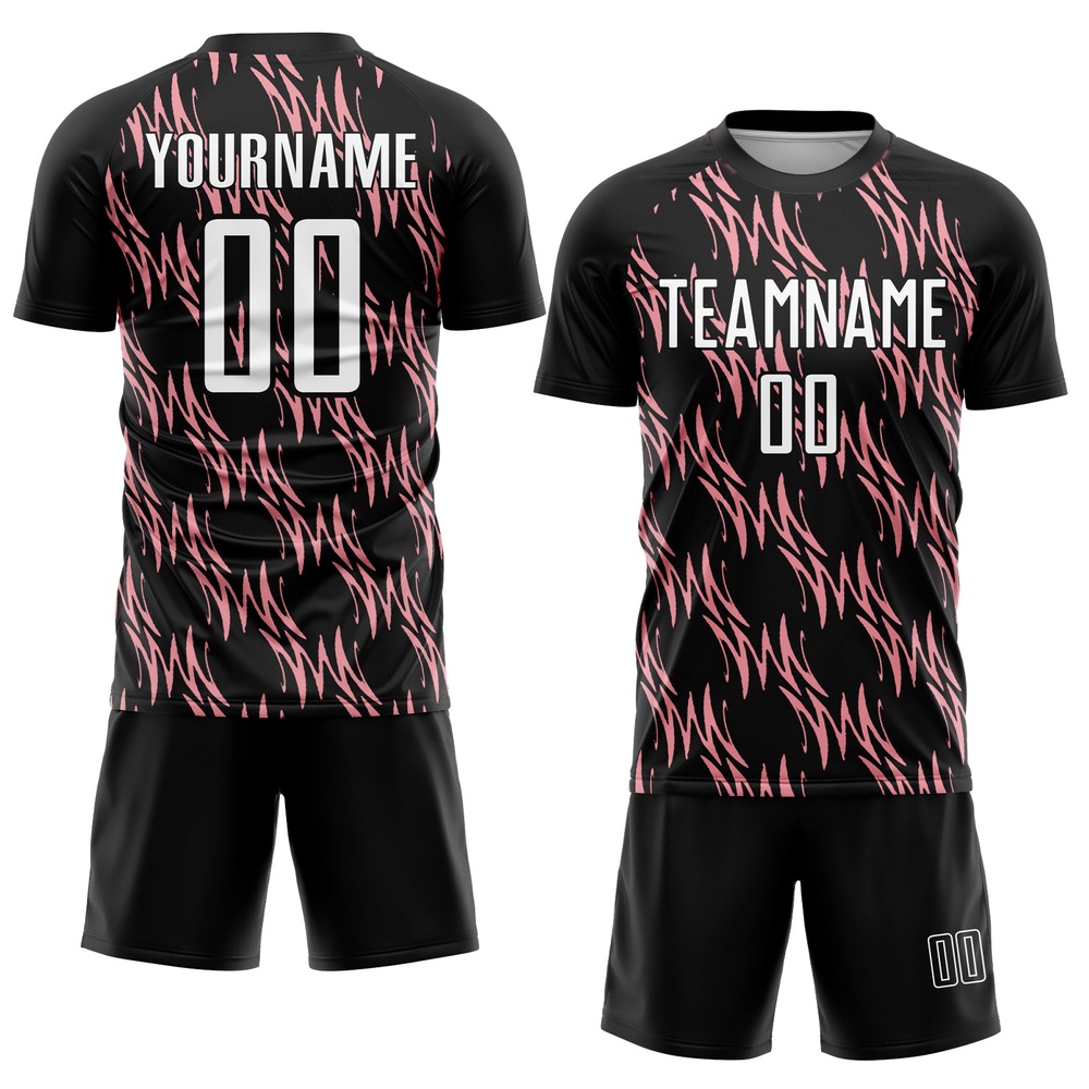 Black White Medium Pink Abstract Wave Sublimation Soccer Uniform Jersey, Custom Team Soccer Jersey Shirt Black White Medium Pink Abstract Wave Sublimation Soccer Uniform Jersey, Custom Team Soccer Jersey Shirt