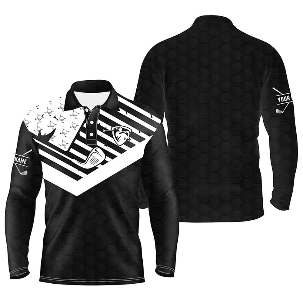 Black White Men’s Golf Polo Shirt Custom American Flag Golf Clubs Patriotic Golf Polo Shirts For Men, Golf Polo Shirt, Golf Shirts