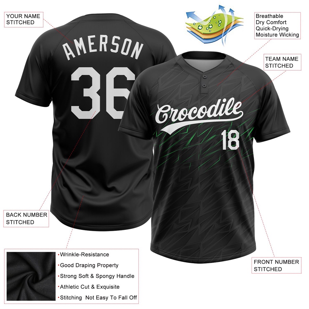 Black White Neon Green 3D Pattern Two Button Unisex Softball Jersey, Custom Team Softball Jersey