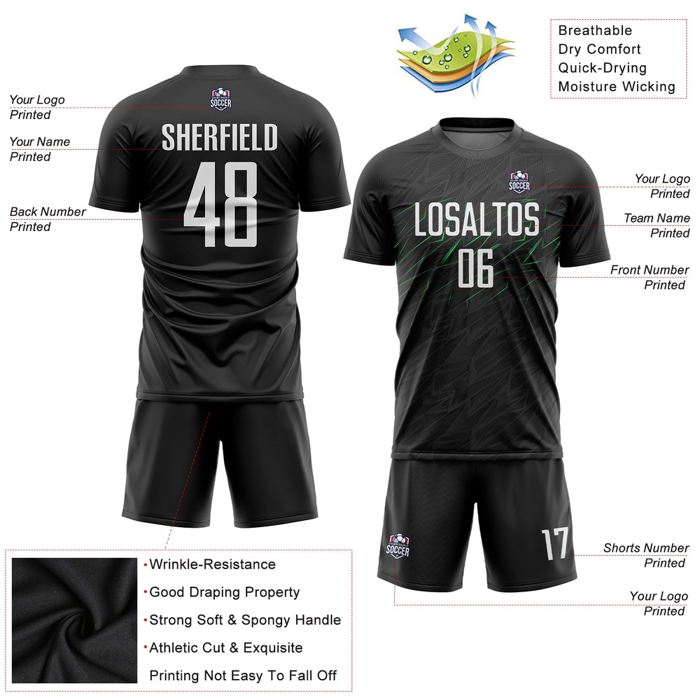 Black White Neon Green Sublimation Soccer Uniform Jersey, Custom Team Soccer Jersey Shirt