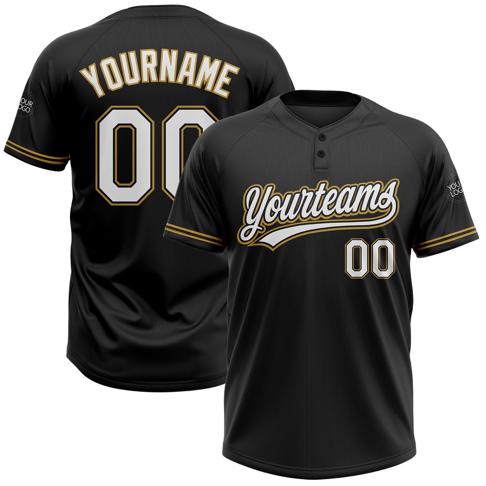 Black White Old Gold Two Button Unisex Softball Jersey, Custom Team Softball Jersey