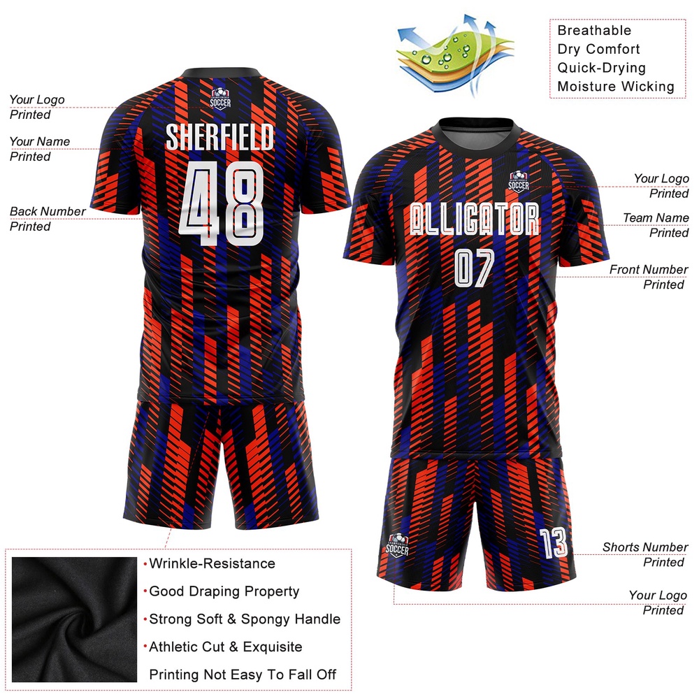 Black White Orange Sublimation Soccer Uniform Jersey, Custom Team Soccer Jersey Shirt Black White Orange Sublimation Soccer Uniform Jersey, Custom Team Soccer Jersey Shirt