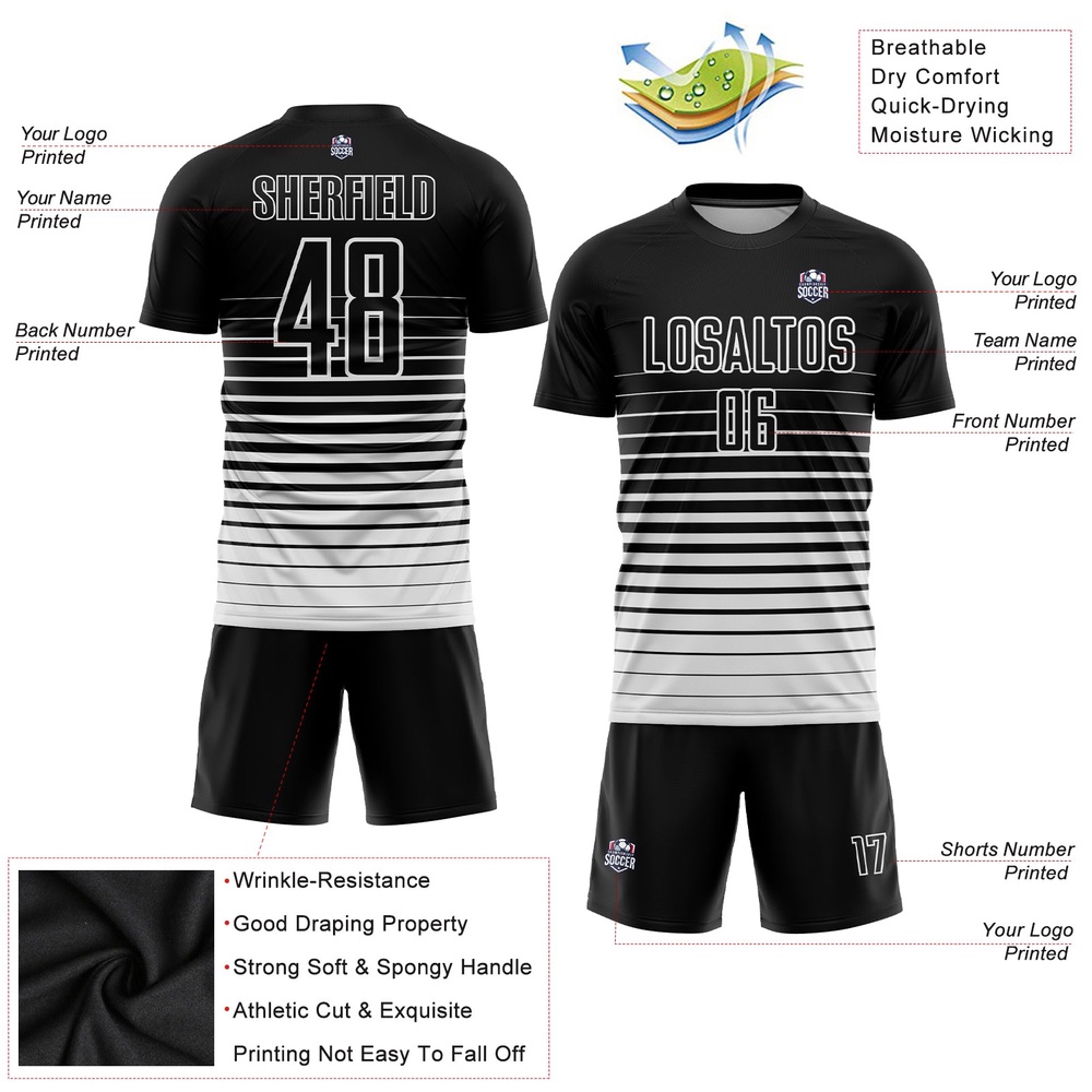 Black White Pinstripe Fade Fashion Sublimation Soccer Uniform Jersey, Custom Team Soccer Jersey Shirt