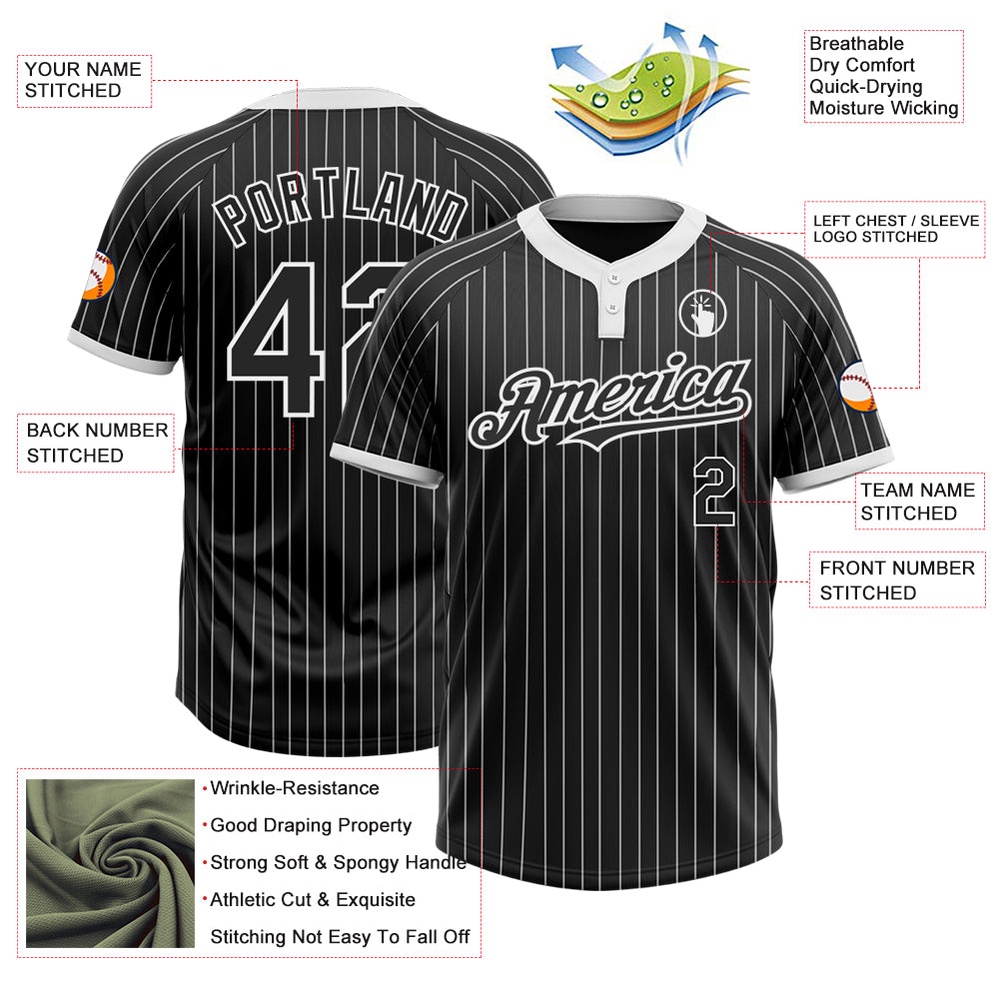 Black White Pinstripe White Two Button Unisex Softball Jersey, Custom Team Softball Jersey