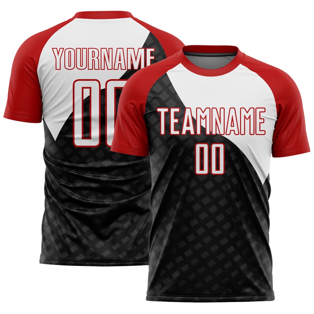 Black White Red Curve Lines Sublimation Soccer Uniform Jersey, Custom Team Soccer Jersey Shirt