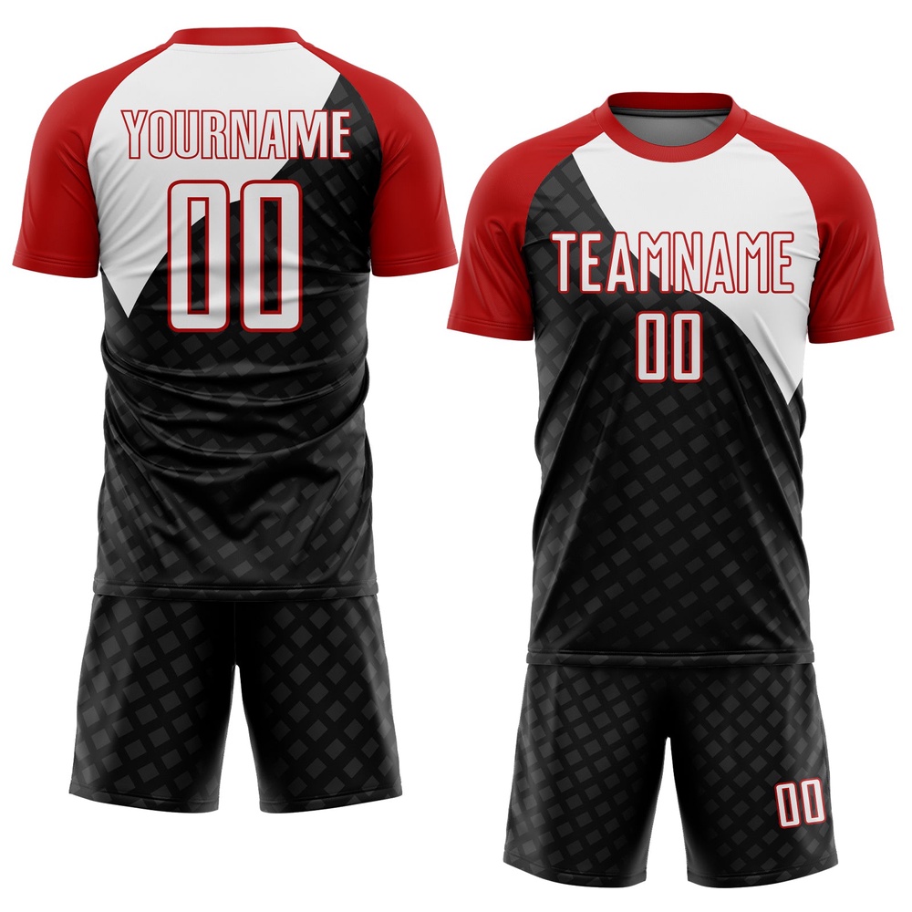 Black White Red Curve Lines Sublimation Soccer Uniform Jersey, Custom Team Soccer Jersey Shirt