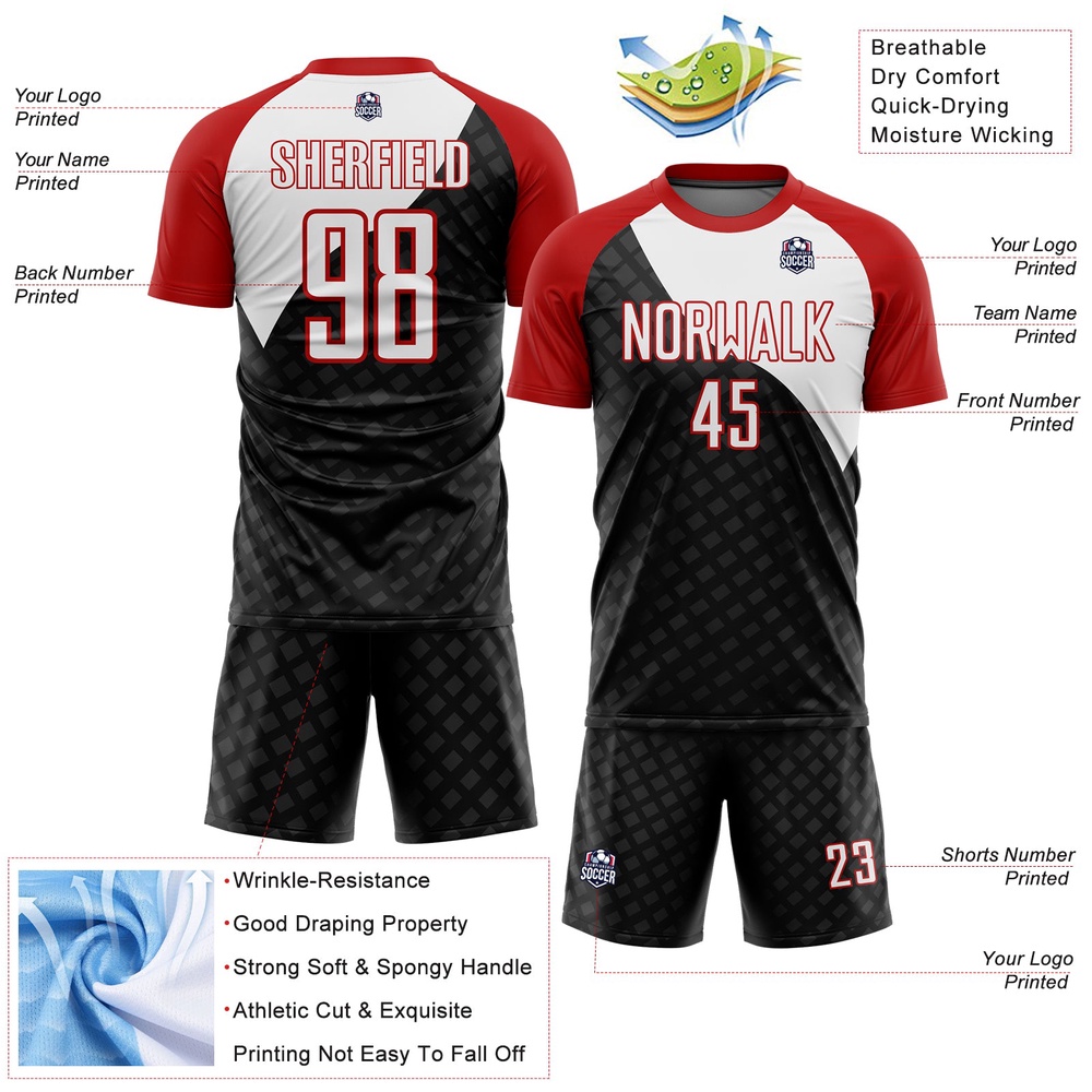 Black White Red Curve Lines Sublimation Soccer Uniform Jersey, Custom Team Soccer Jersey Shirt