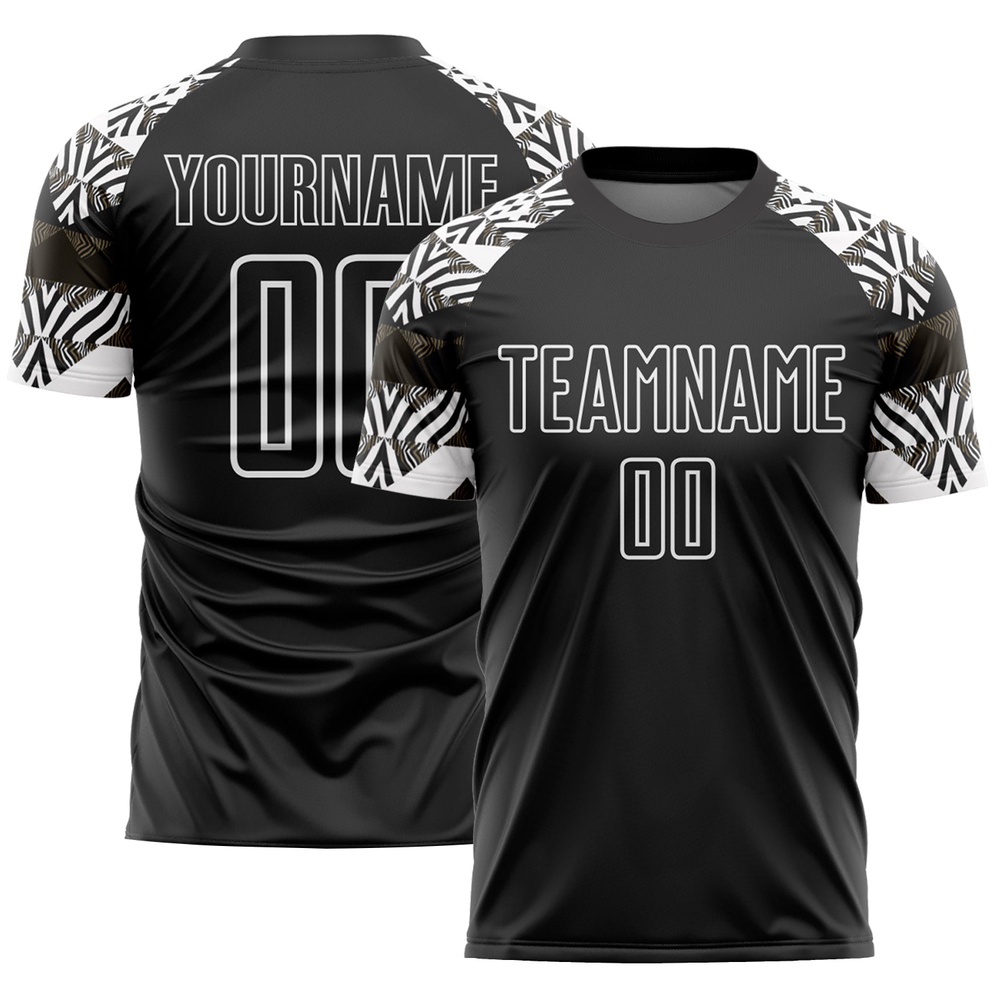 Black White Zebra And Geometric Pattern Sublimation Soccer Uniform Jersey, Custom Team Soccer Jersey Shirt