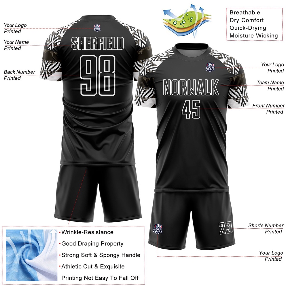 Black White Zebra And Geometric Pattern Sublimation Soccer Uniform Jersey, Custom Team Soccer Jersey Shirt