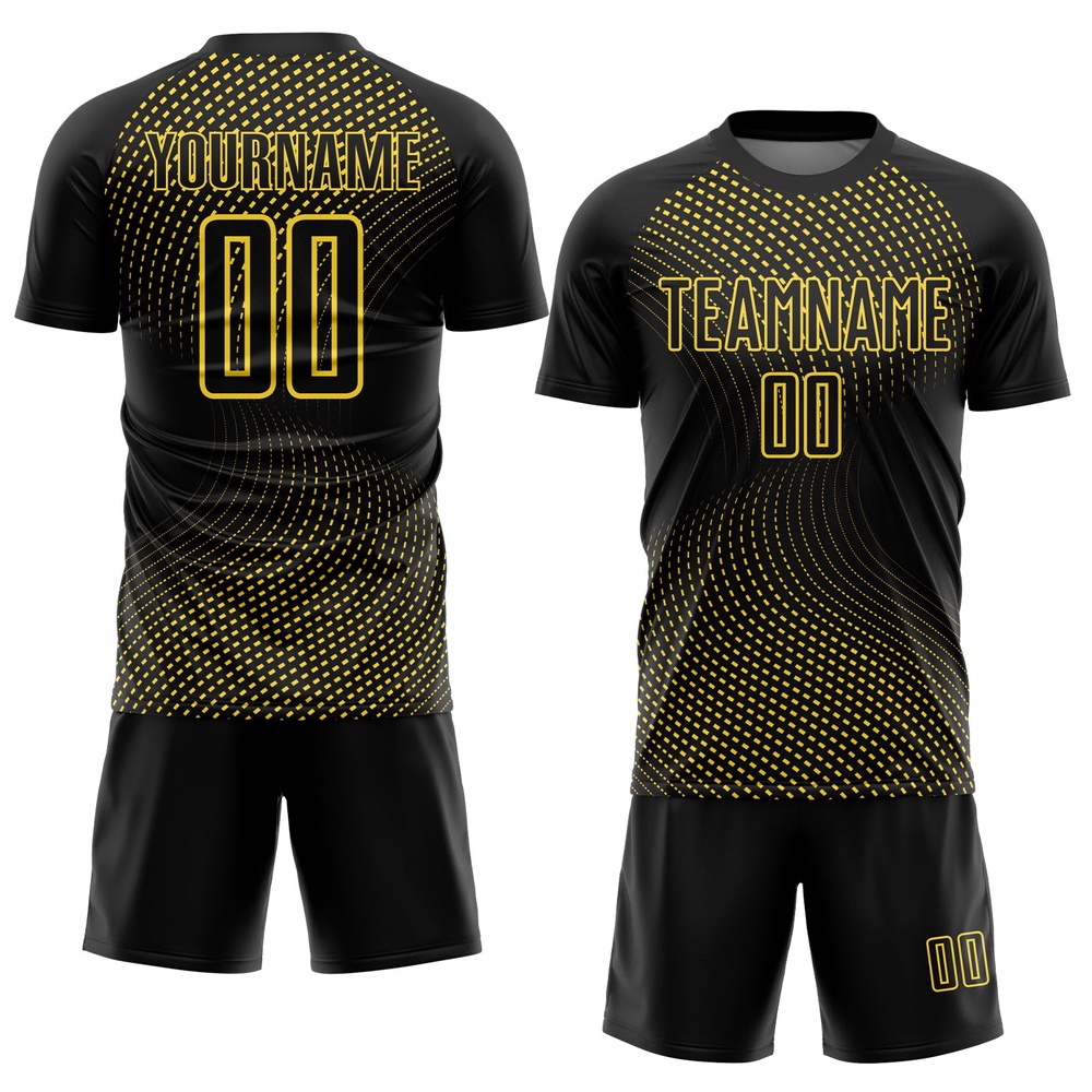 Black Yellow Geometric Lines Sublimation Soccer Uniform Jersey, Custom Team Soccer Jersey Shirt