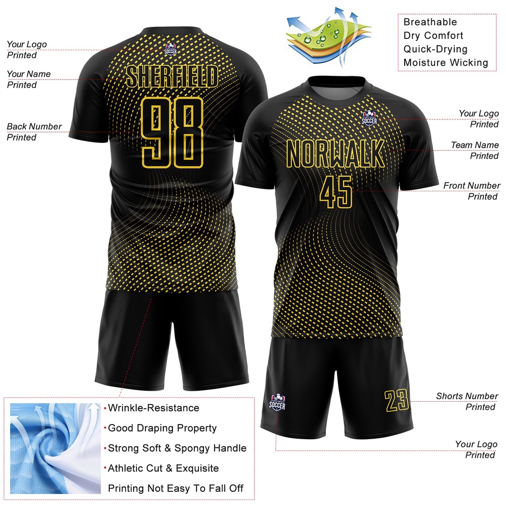 Black Yellow Geometric Lines Sublimation Soccer Uniform Jersey, Custom Team Soccer Jersey Shirt