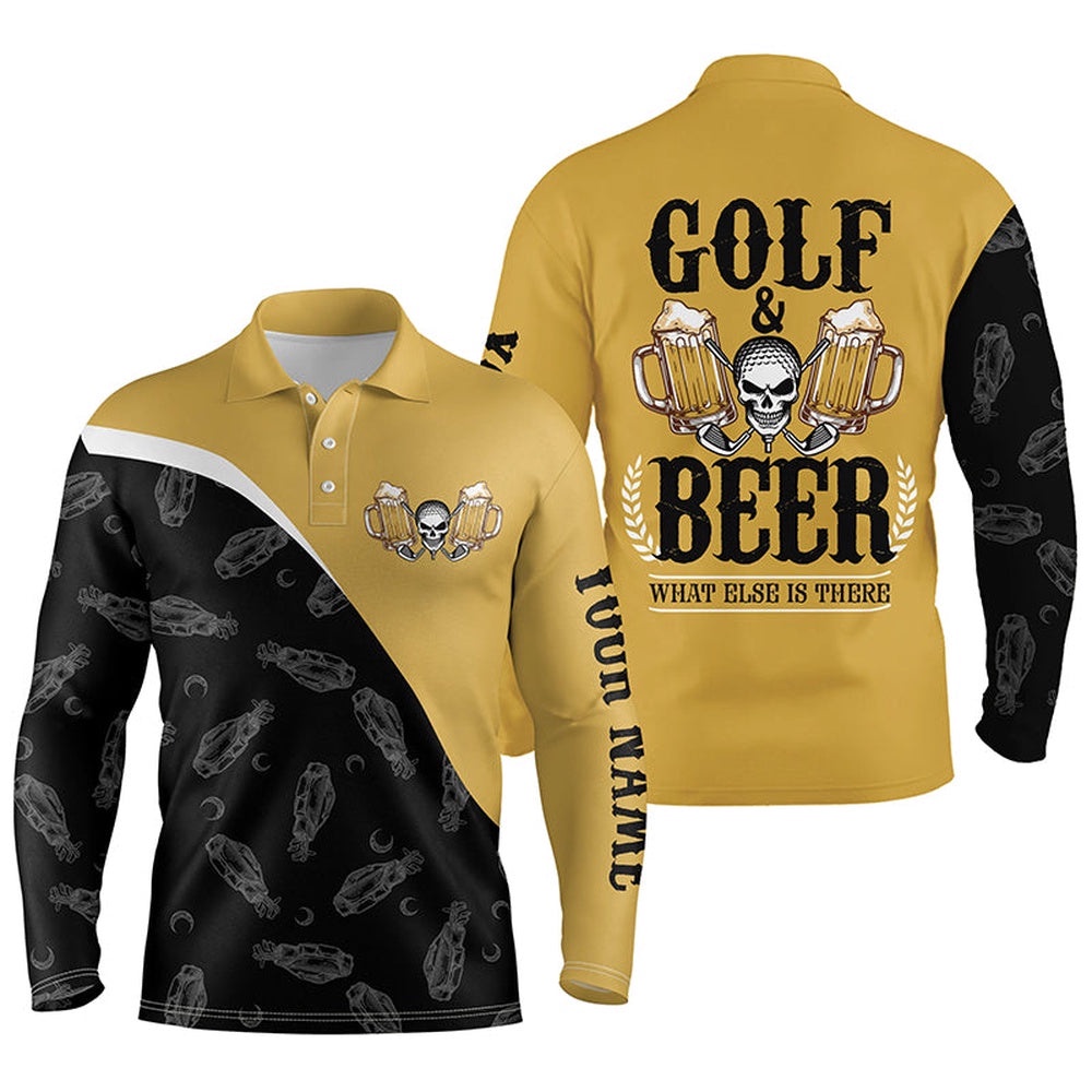 Black Yellow Men’s Golf Polos Shirts Custom Skull Golf And Beer What Else Is There, Golf Shirts For Men, Golf Polo Shirt, Golf Shirts