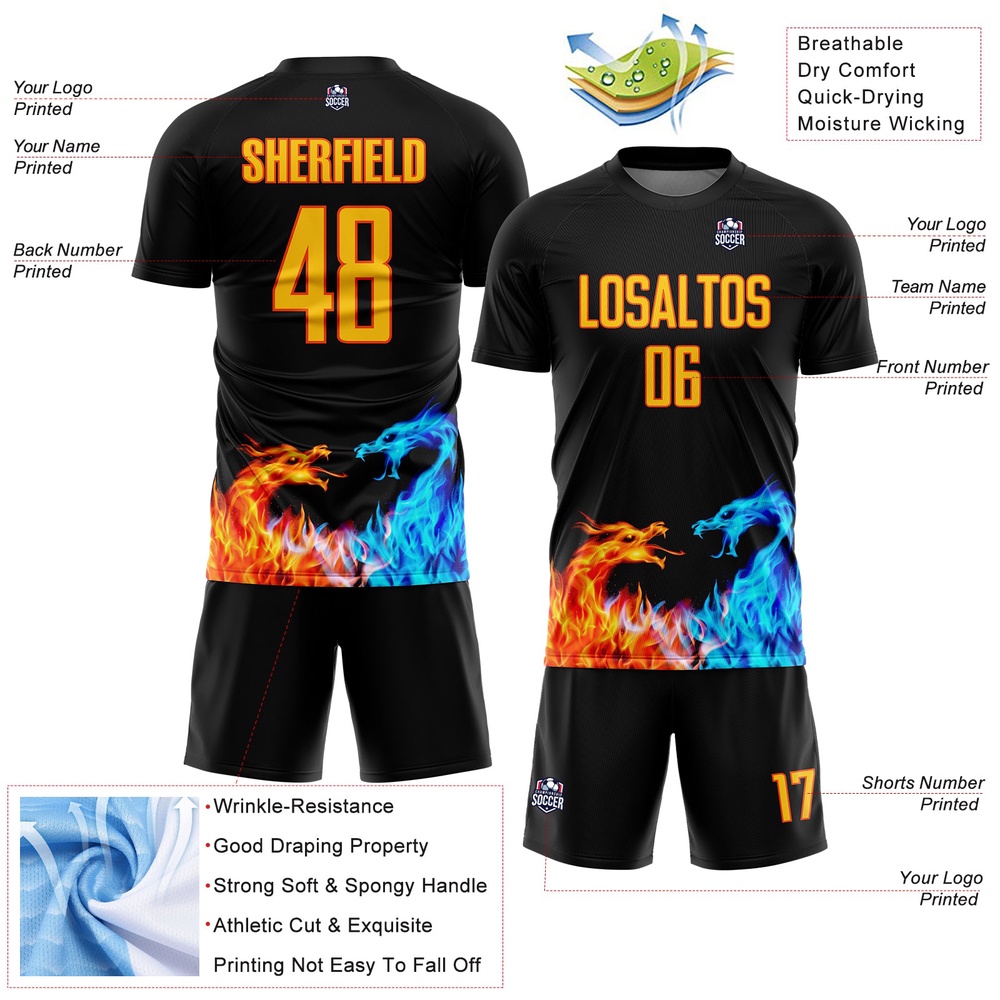 Black Yellow Orange Dragon Flame Sublimation Soccer Uniform Jersey, Custom Team Soccer Jersey Shirt