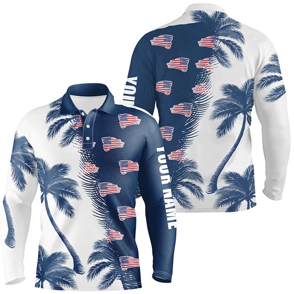 Blue And White Palm Tree Pattern American Flag Men’s Golf Polo Shirts Personalized Golf Outfit Men, Golf Polo Shirt, Golf Shirts