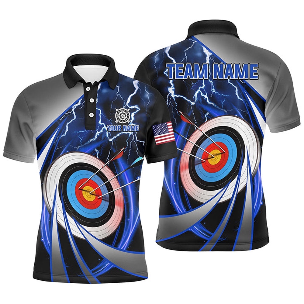 Blue Archery Target Thunder Lightning Men Polo Shirts, Team League Archery Shirts, Custom Archery Team Polo Shirt