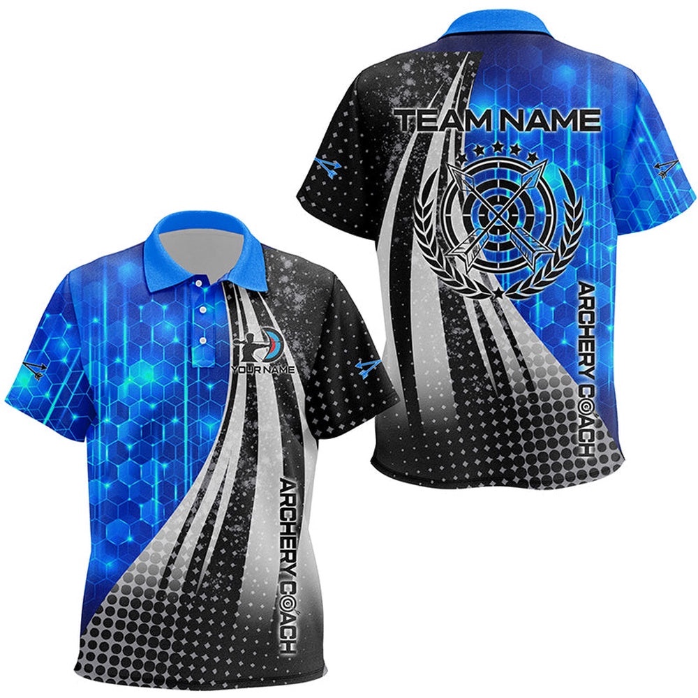 Blue Black Archery Coach Polo Shirts, Custom Target Archery Team Shirts, Custom Archery Team Polo Shirt