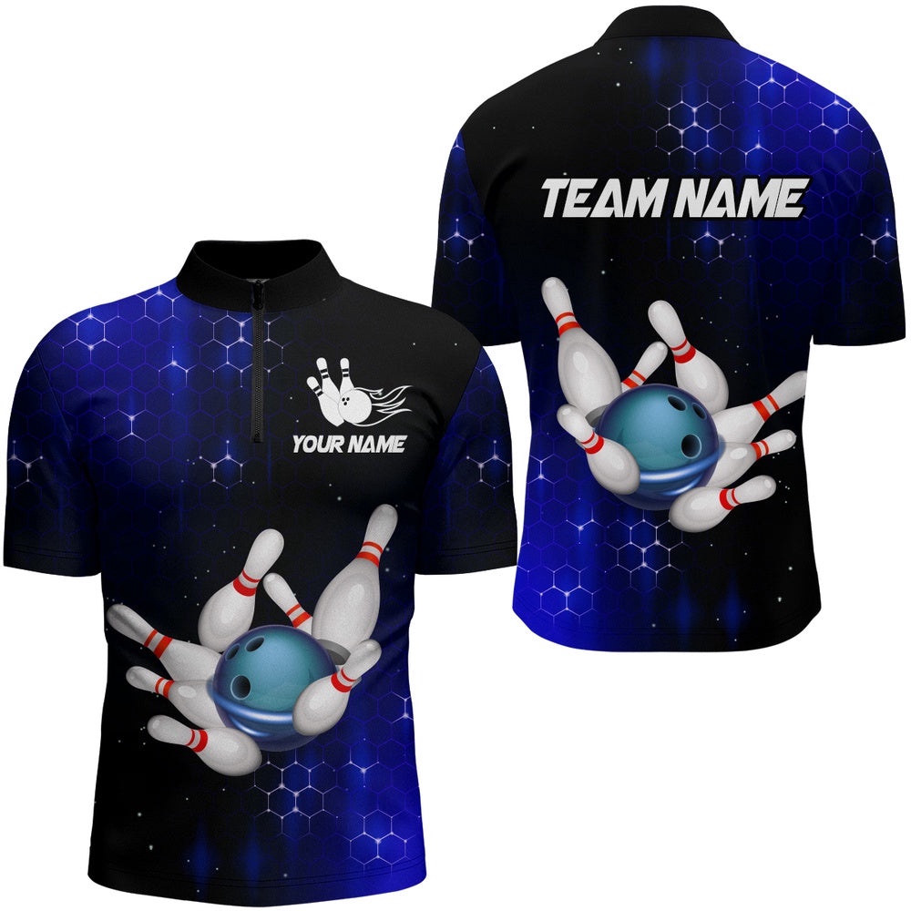 Blue Bowling Shirts Men Women Bowling Team Jersey Bowling Zip Shirt, Custom Bowling Team Jersey Shirt