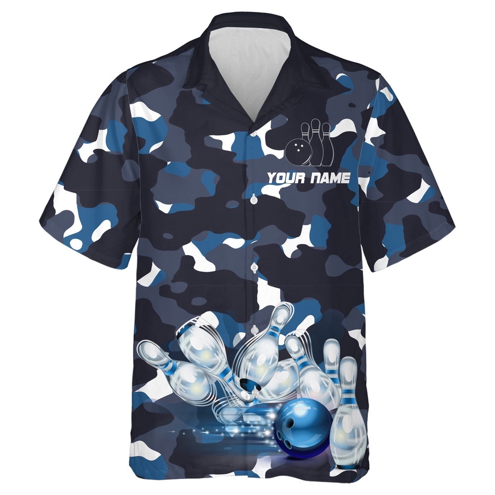 Blue Camo Hawaiian Bowling Shirt For Men Women, Custom Team Bowling Hawaiian Shirt