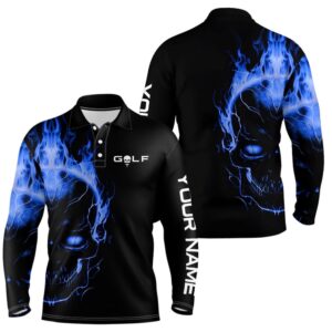 Blue Fire Skull Black Golf Shirts Custom&hellip;
