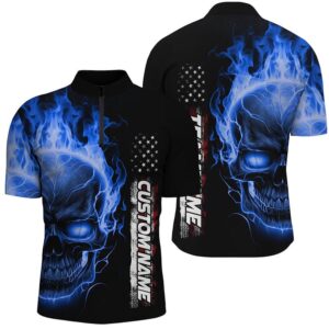 Blue Flame Skull Bowling Zip Shirts For&hellip;