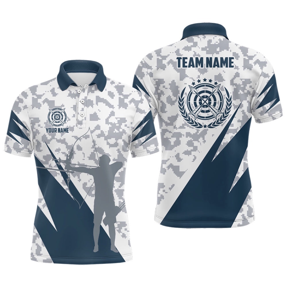 Blue Grey Digital Camo Archery Polo Shirts For Men Custom Team Name Archery Polo, Custom Archery Team Polo Shirt
