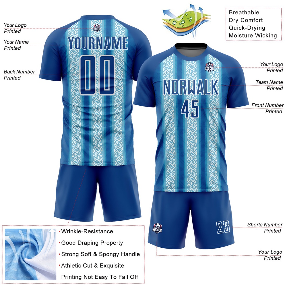 Blue Light Blue White Ethnic Stripes Sublimation Soccer Uniform Jersey, Custom Team Soccer Jersey Shirt