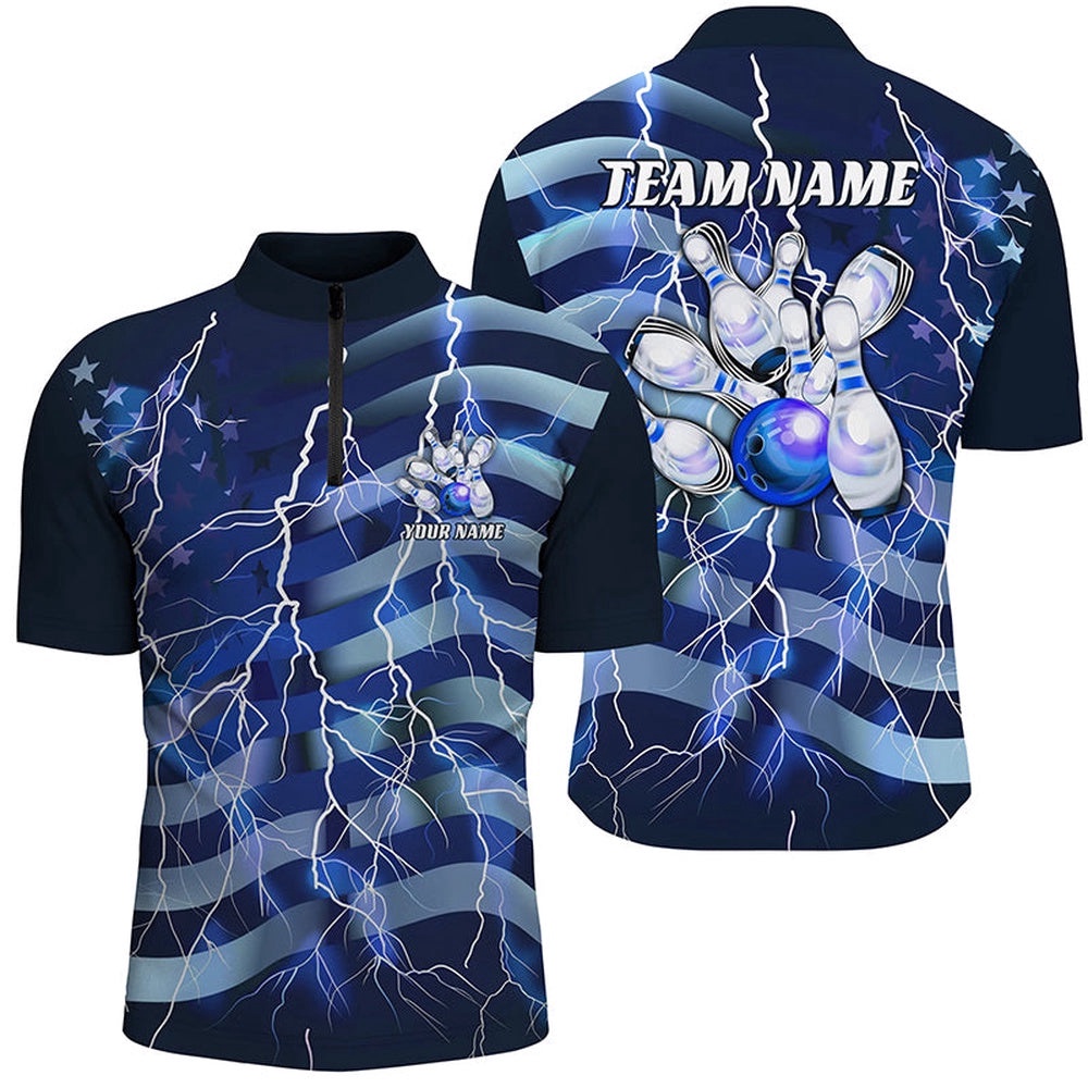Blue Lightning American Flag Men And Women Bowling Team Shirts Patriotic Bowling Jersey, Custom Bowling Team Jersey Shirt