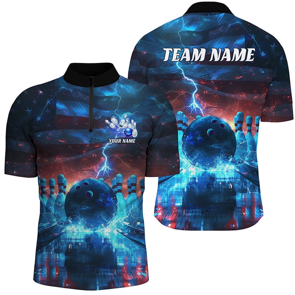 Blue Lightning Patriotic American Flag Bowling Team Shirts For Men And Women, Custom Bowling Team Jersey Shirt