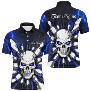 Blue Lightning Thunder Custom Skull Bowling Shirt&hellip;