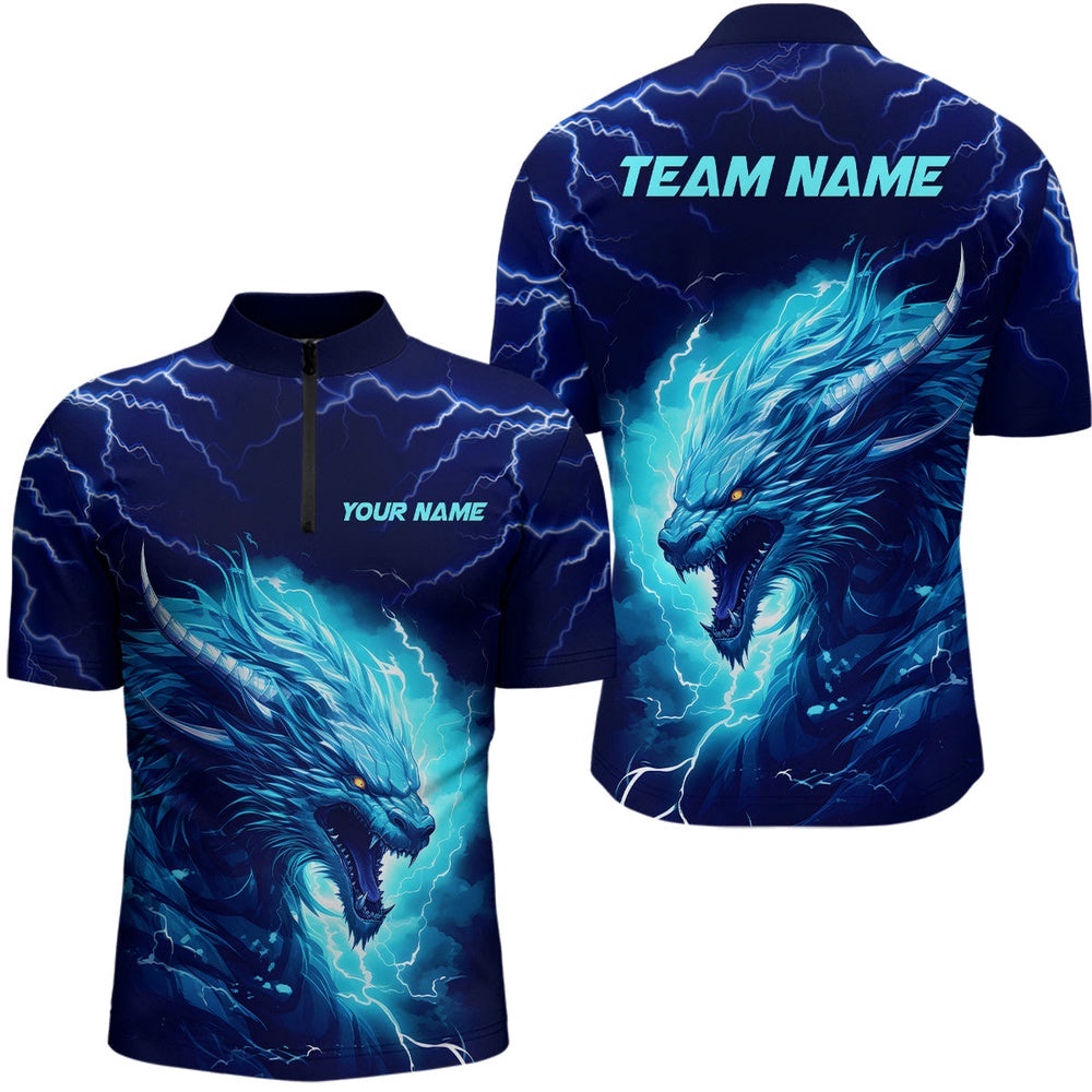 Blue Lightning Thunder Dragon Bowling Team Shirts Men Bowling League Jersey Bowler Outfit, Custom Bowling Team Jersey Shirt