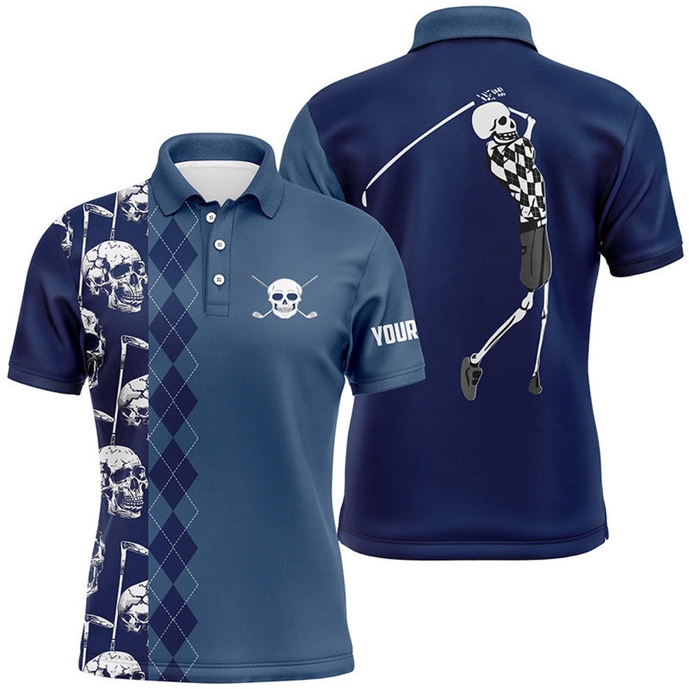 Blue Navy Skull Argyle Pattern Custom Men’s Best Men’s Golf Wear, Golf Polo Shirt, Golf Shirts