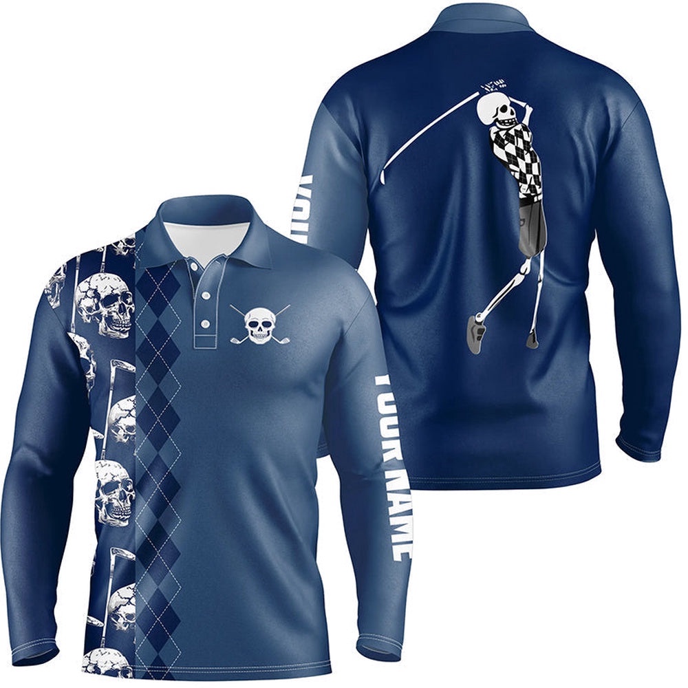 Blue Navy Skull Argyle Pattern Custom Men’s Best Men’s Golf Wear, Golf Polo Shirt, Golf Shirts