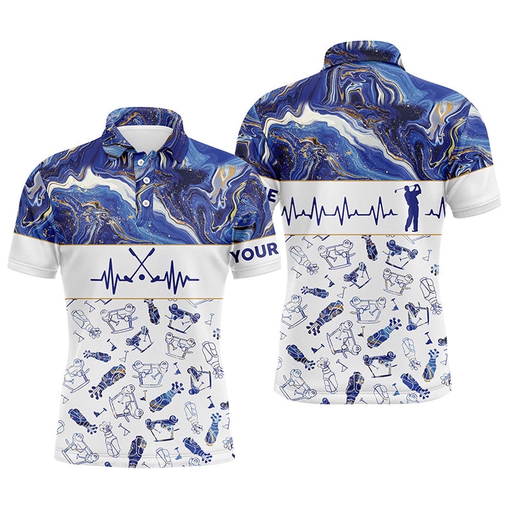 Blue Seamless Men’s Golf Polo Shirt Personalized Heartbeat Golf Shirts For Men, Best Golf Gifts, Golf Polo Shirt, Golf Shirts